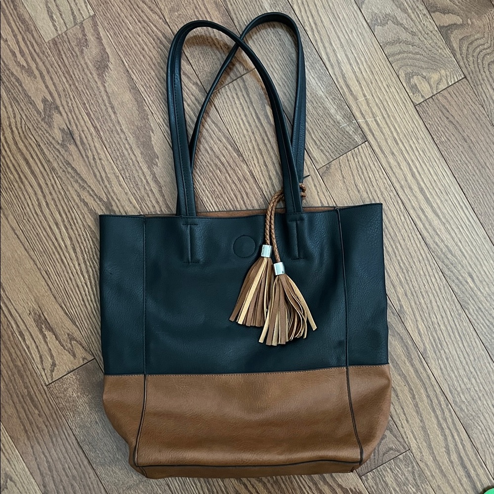 Black and Brown Two-Tone Tote with Tassel